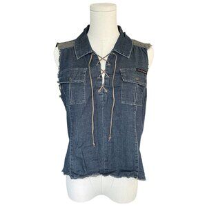 DKNY Vintage Y2K Sleeveless Denim Top Women L Western Cowgirl Lace-Up VTG 2000s